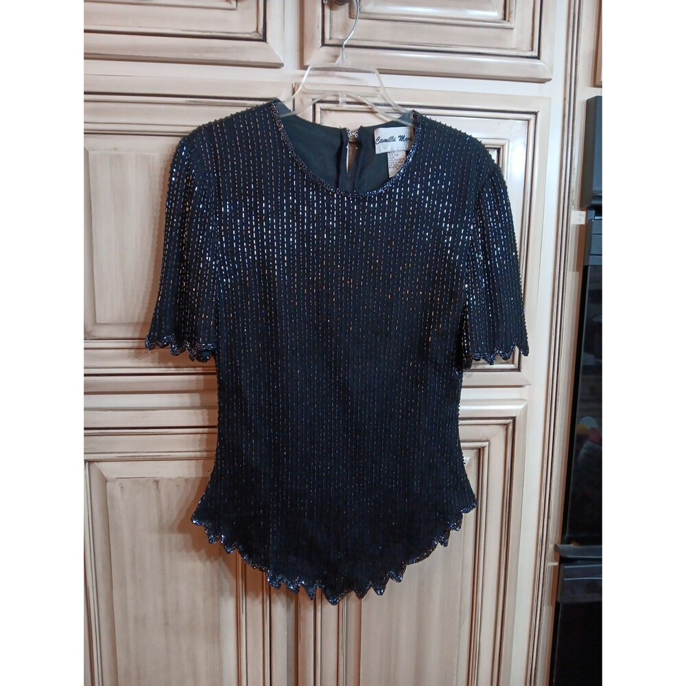 Vintage Camille Marie‎ Black Beaded Short Sleeve Top - Size Small - 100% Silk